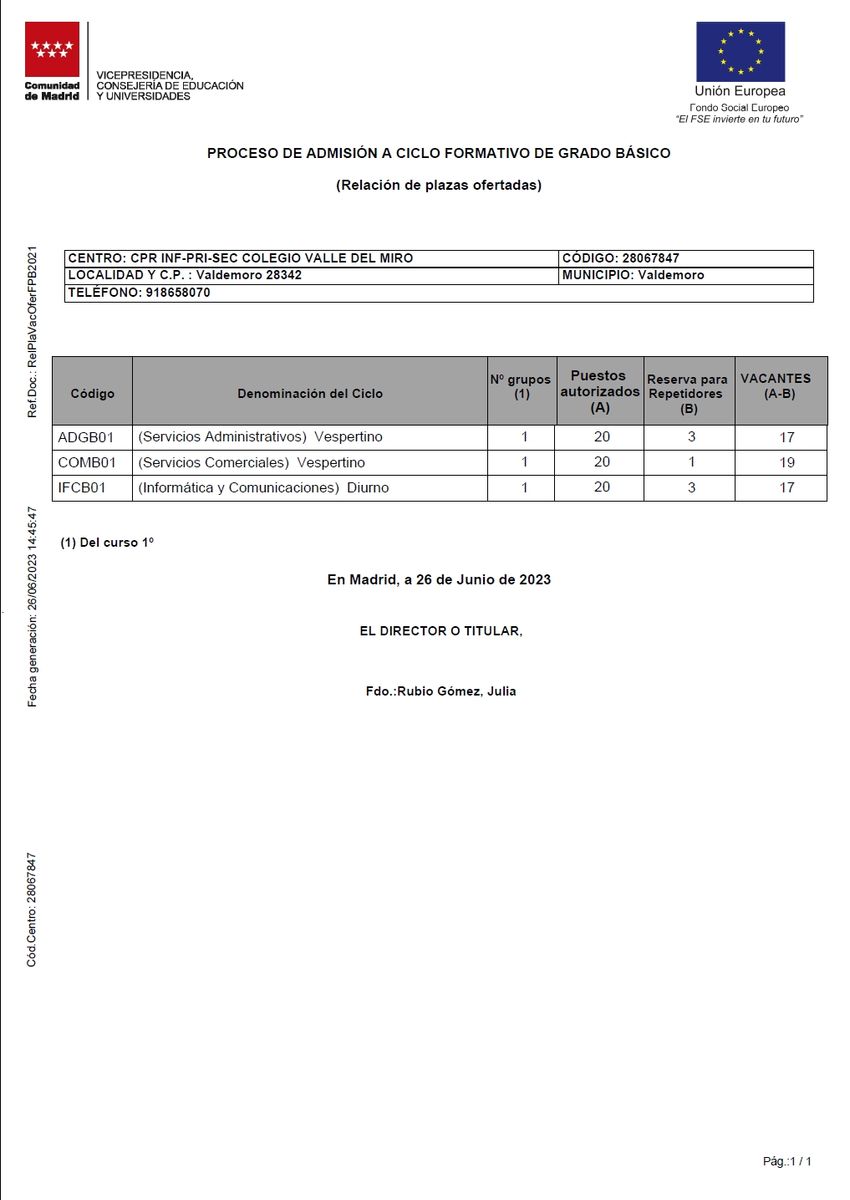 FPB - Relación de plazas ofertadas