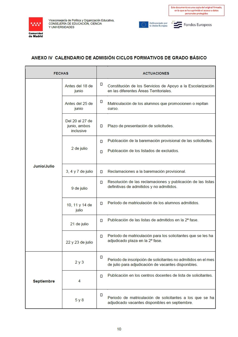 Anexo III - Calendario de Admisión CF Grado Básico